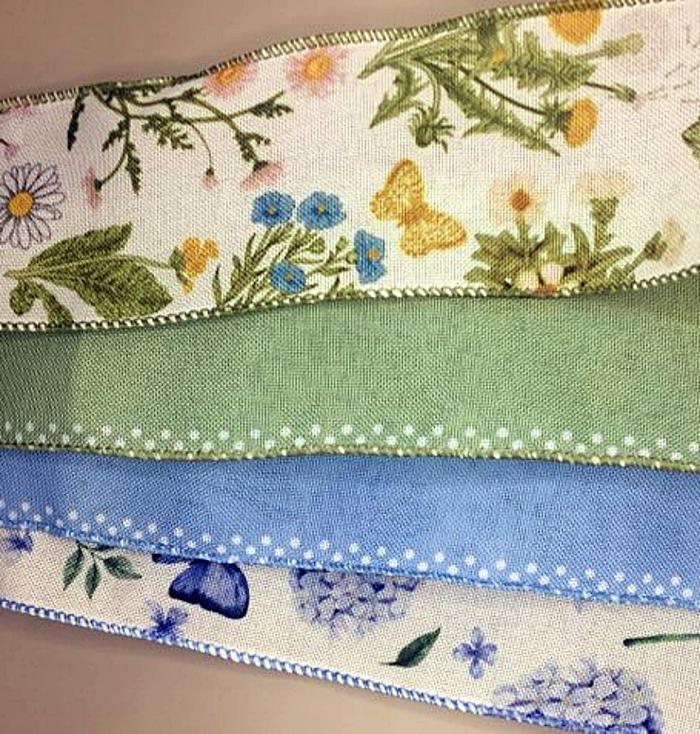 Wired Edge Ribbon - Green and Blue Wildflowers