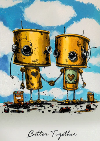 Two yellow robots holding hands with a heart symbol against a blue sky with clouds.