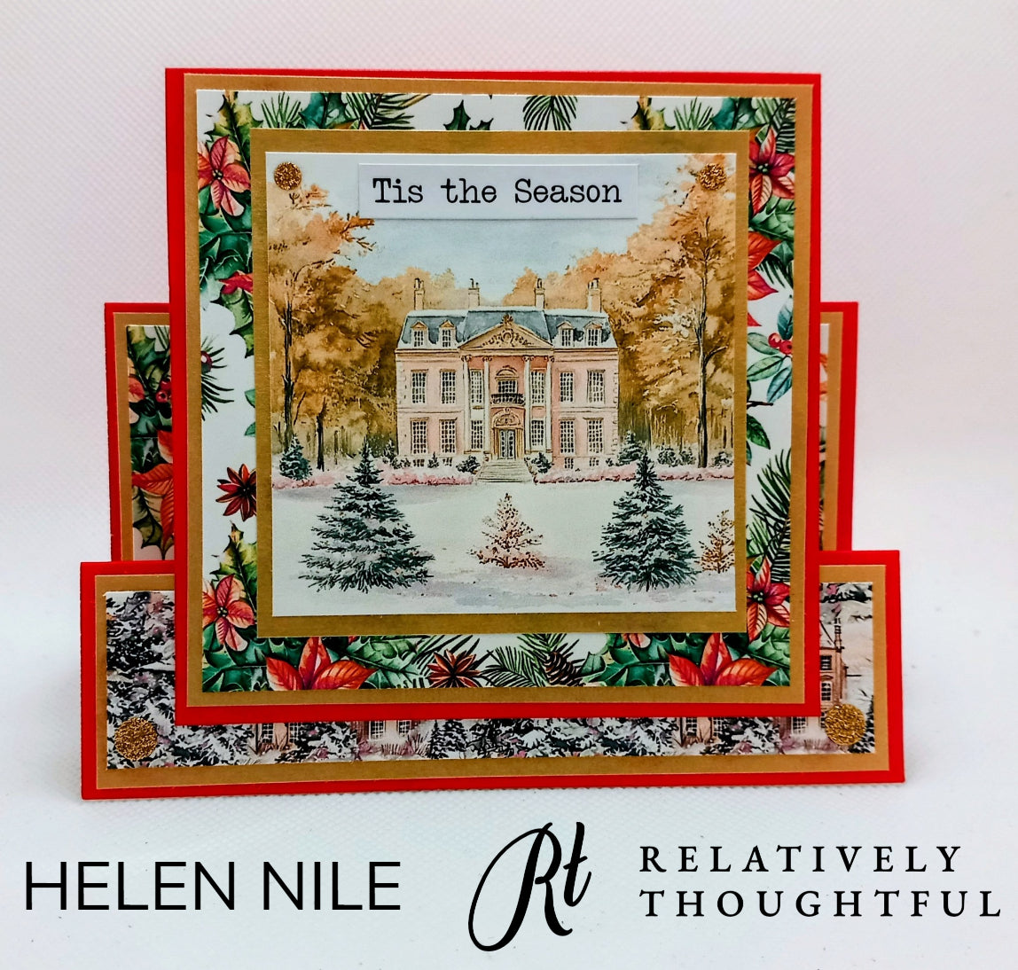 Christmas card with a snowy scene and 'Tis the Season' text, featuring decorative elements from the Christmas At Pemberley collection. Made by Helen Nile for Relatively Thoughtful.