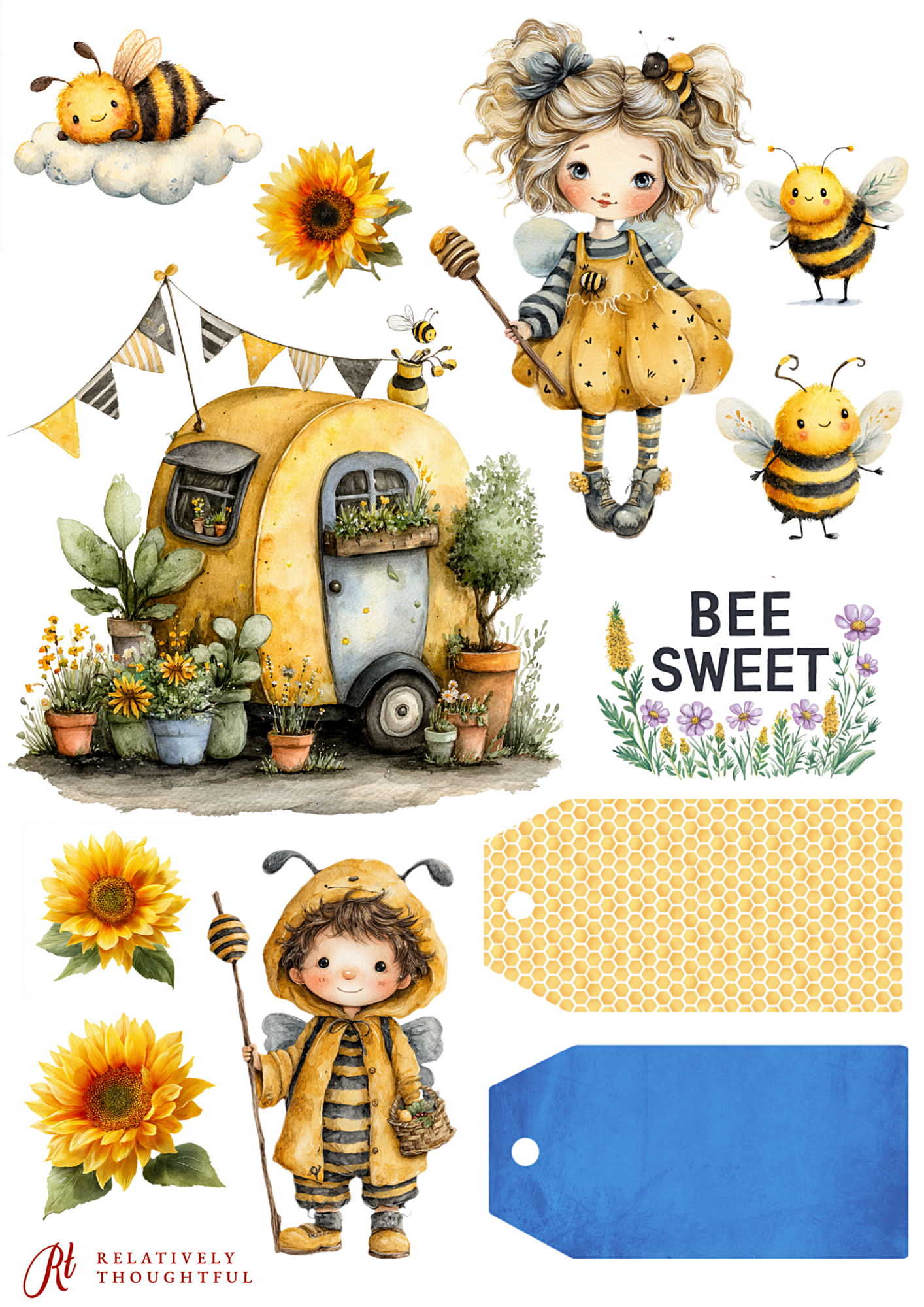 A sheet of watercolor-style bee-themed craft or sticker designs on a white background, including illustrated bees, sunflowers, a small yellow trailer, children in bee costumes, flowers, tags, and the text 'BEE SWEET.'.