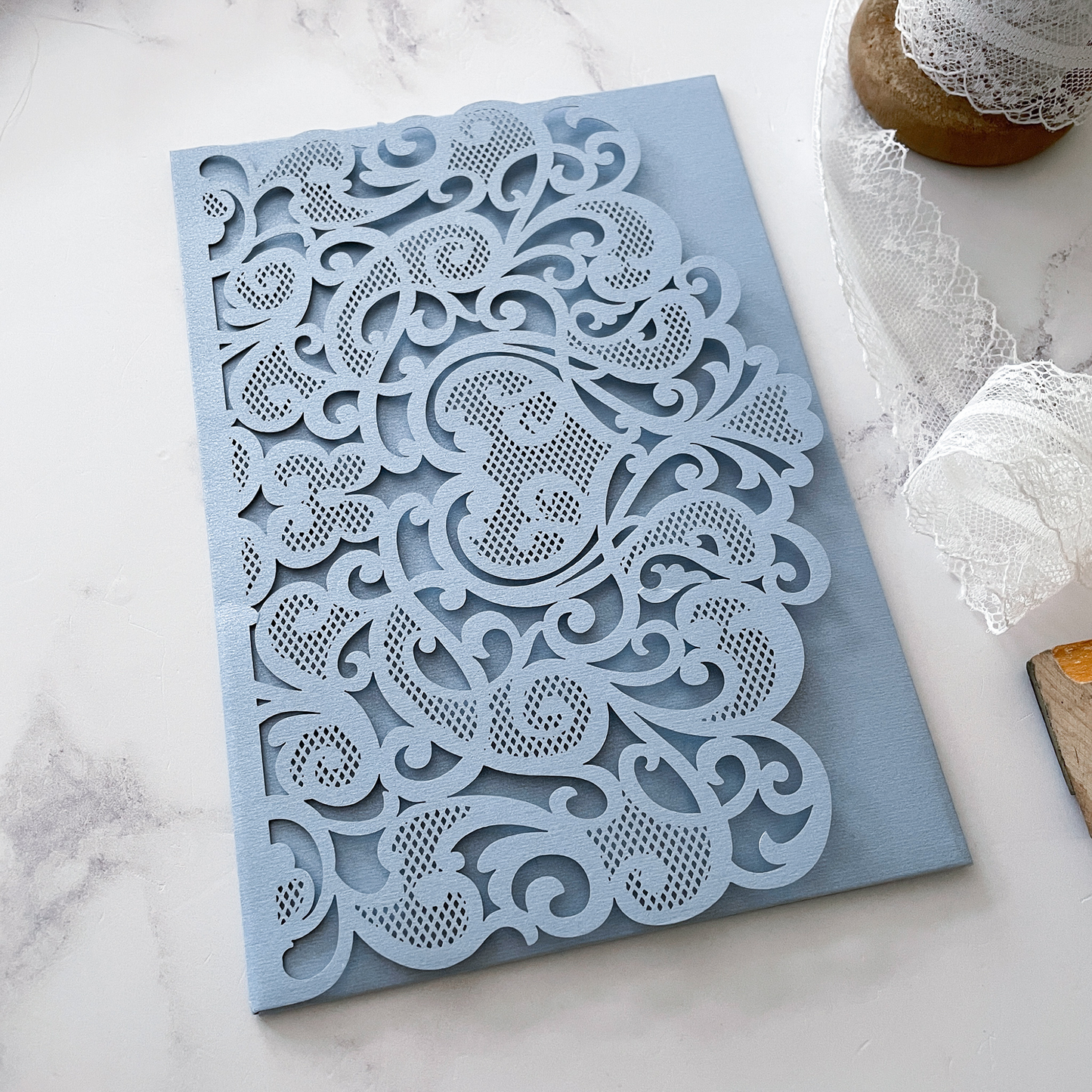 Amelie Laser Cut Pocket Invitation in Pale Blue