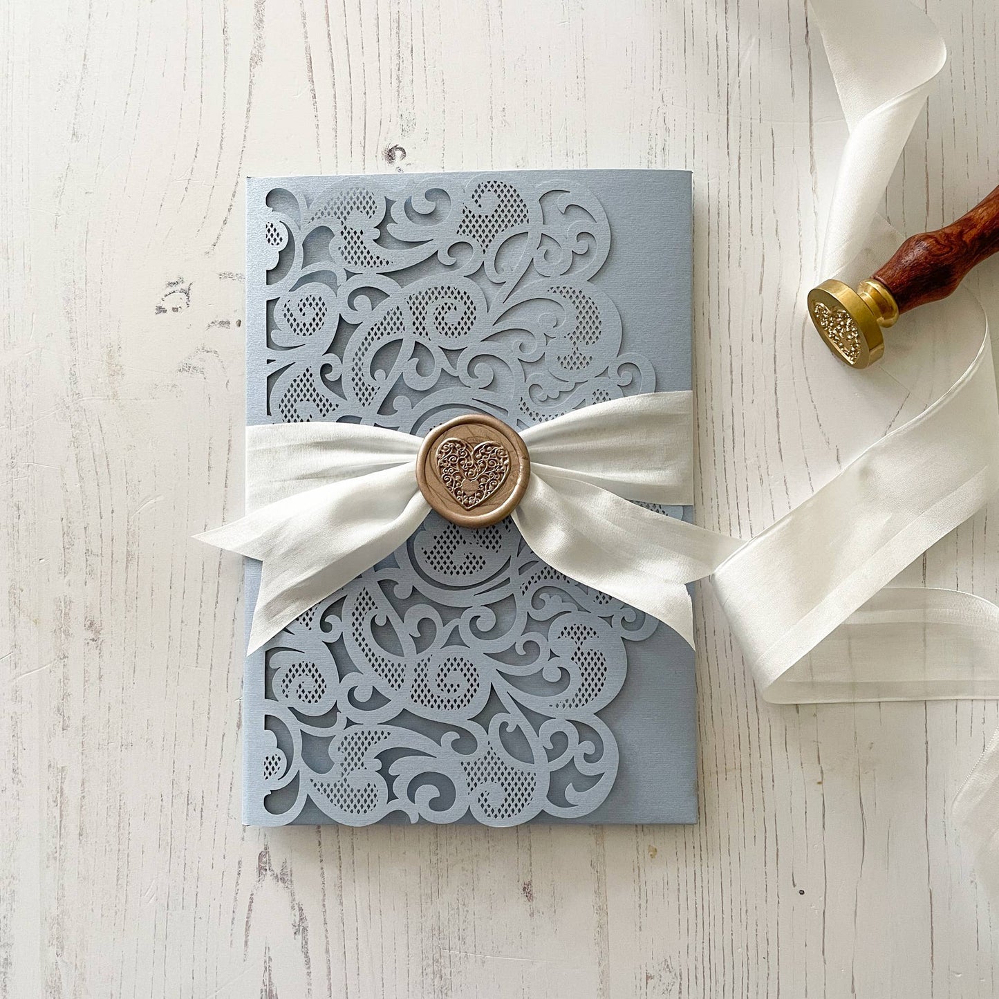 Amelie Laser Cut Pocket Invitation in Pale Blue