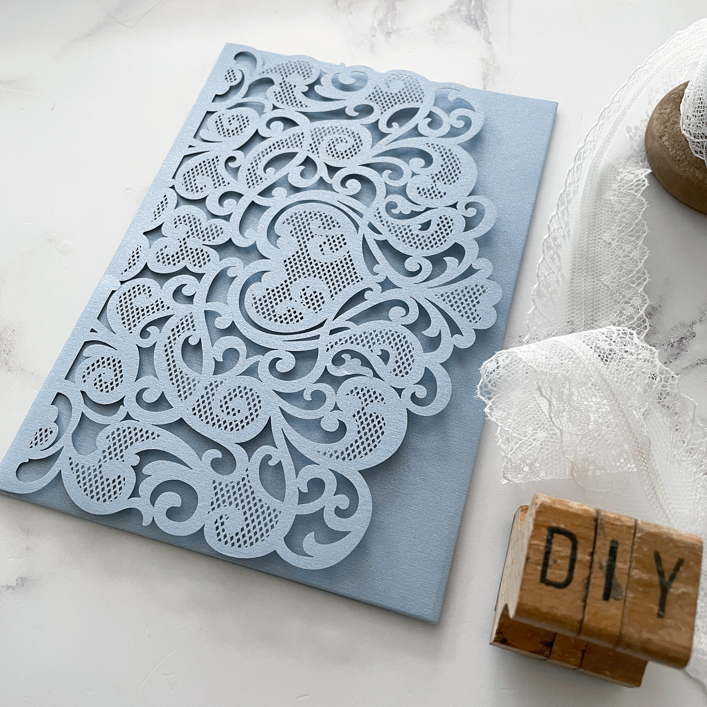 Amelie Laser Cut Pocket Invitation in Pale Blue