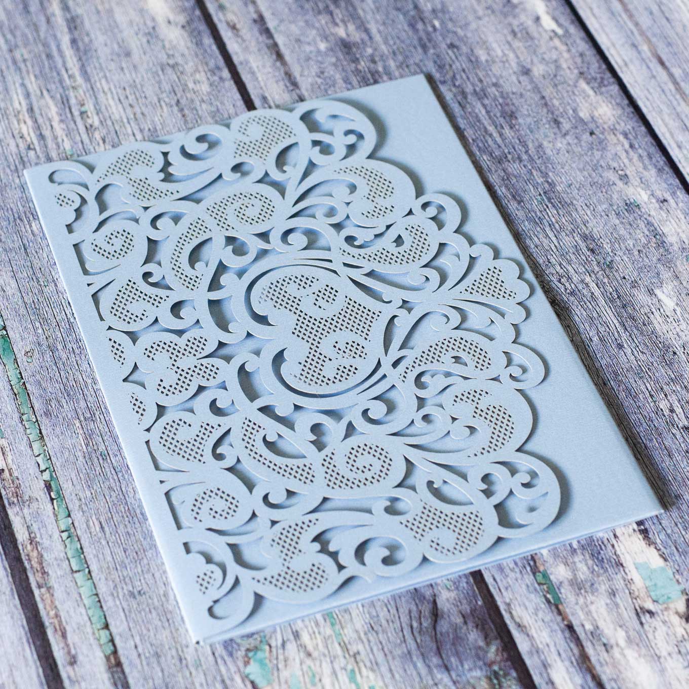 Amelie Laser Cut Pocket Invitation in Pale Blue