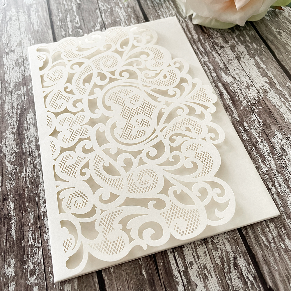 Amelie Laser Cut Pocket Invitation in Matt Off White