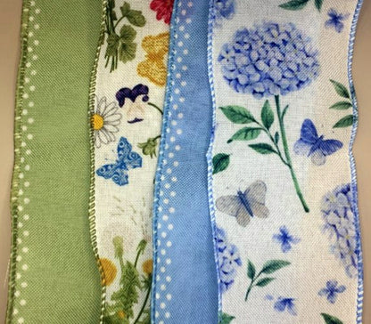 Wired Edge Ribbon  - Green and Blue Wildflowers