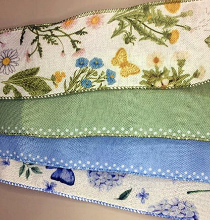 Wired Edge Ribbon  - Green and Blue Wildflowers