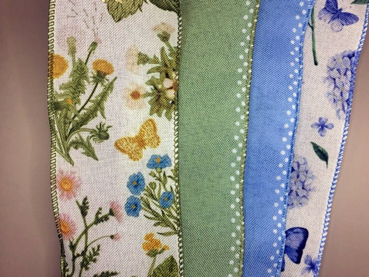 Wired Edge Ribbon  - Green and Blue Wildflowers