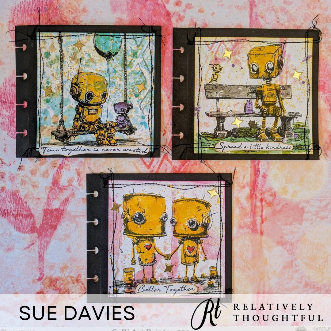Three illustrated robot stamps by Andy Skinner.  Three small  journal pages created by Sue Davies for Relatively Thoughtful.  text.e 
