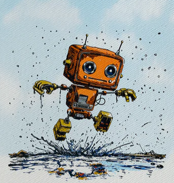 Cartoon robot splashing into water with a blue sky background