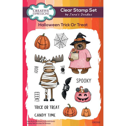 Jane's Doodles Halloween Trick Or Treat 4 in x 6 in Clear Stamp Set