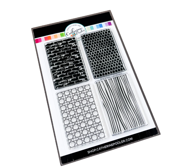 Set of black stamps with geometric patterns in a Catherine Pooler packaging on a white background.