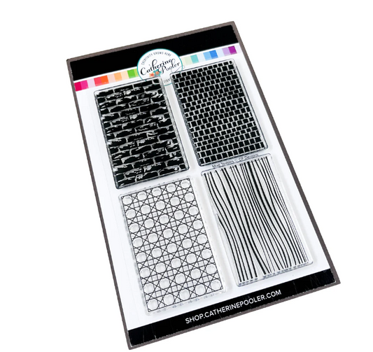 Set of black stamps with geometric patterns in a Catherine Pooler packaging on a white background.