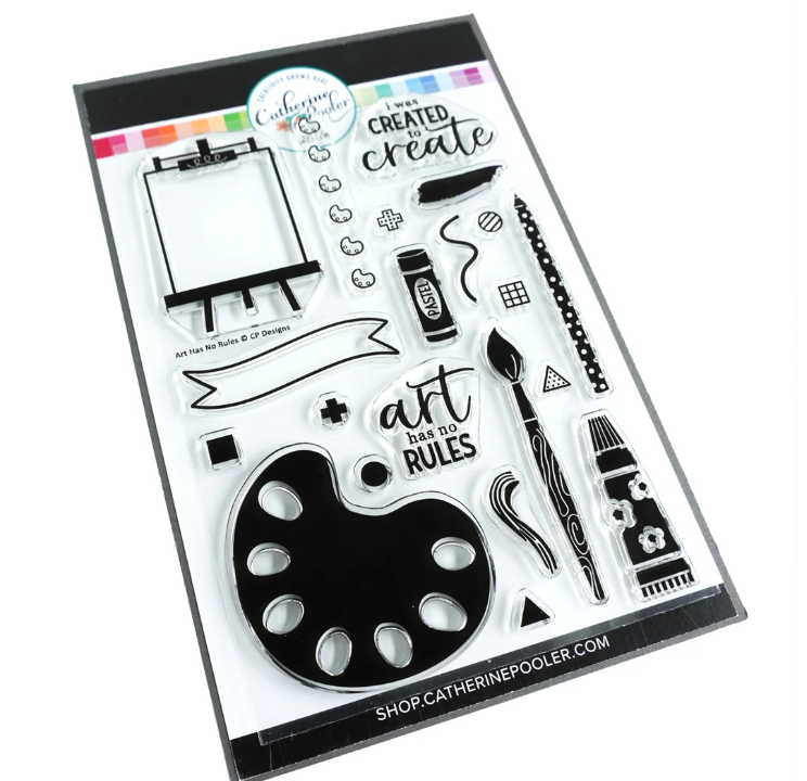 Clear stamp set with artistic illustrations and text on a white background