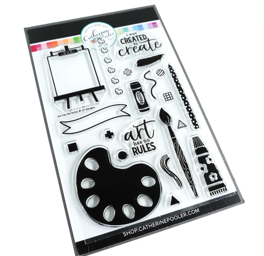 Clear stamp set with artistic illustrations and text on a white background