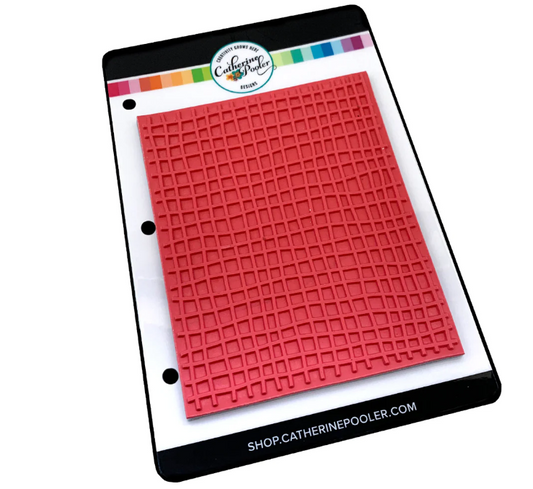 Red textured rubber stamp on a white card with Catherine Pooler branding.