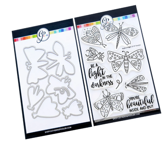 Two packages of butterfly-themed stamps with motivational phrases on a white background.