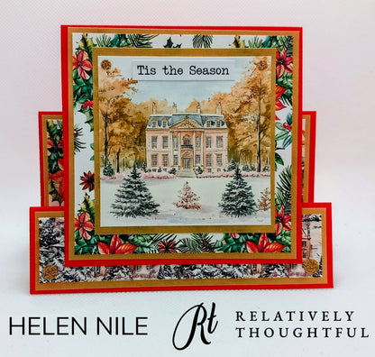 Christmas card with a snowy scene and 'Tis the Season' text, featuring decorative elements from the Christmas At Pemberley collection. Made by Helen Nile for Relatively Thoughtful.