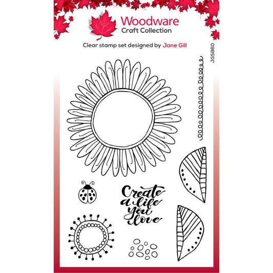 Woodware/Jane Gill  Clear Singles Petal Doodles Live Life Stamp Set