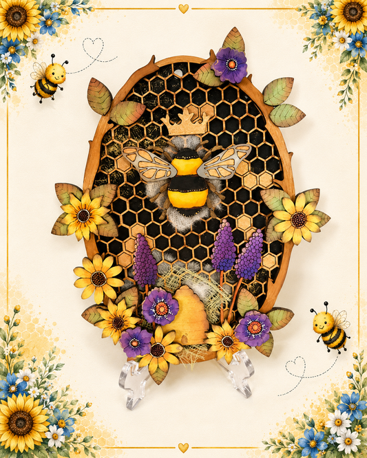 A decorative wall-hanging or art piece featuring a stylized bumblebee over a honeycomb pattern, surrounded by yellow sunflowers, purple lavender-like flowers, green leaves, and a small gold crown motif, all centered on a cream background with floral corner decorations.