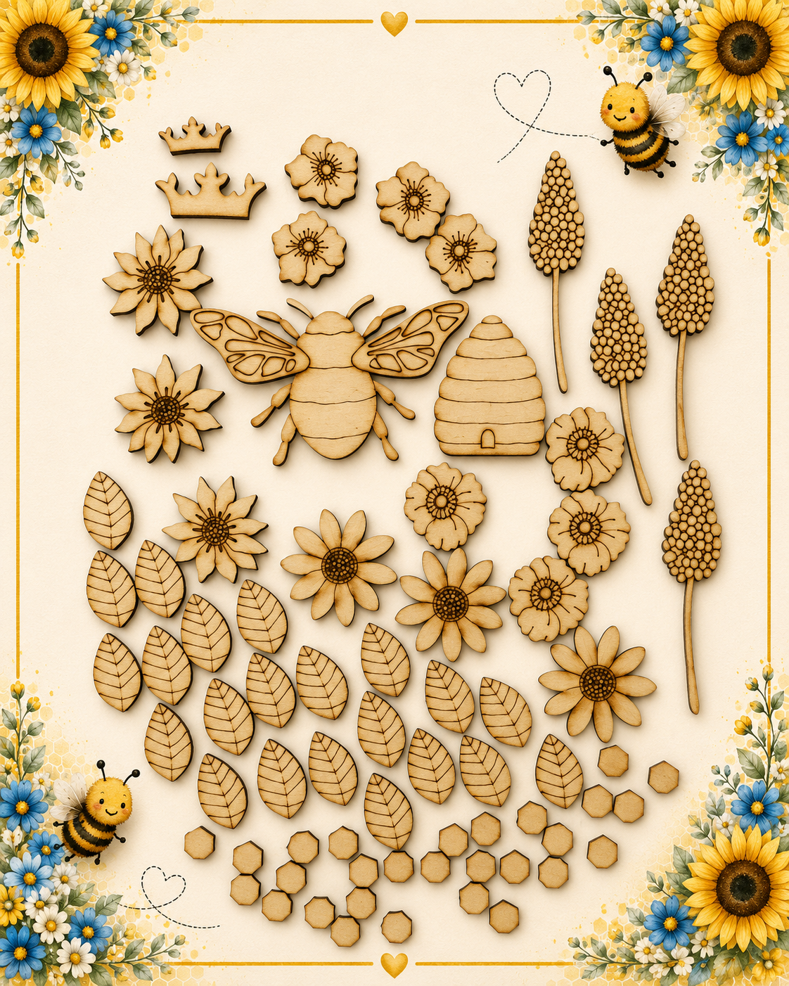 A collection of laser-cut wooden craft embellishments for bees and flowers, including a bee, beehive, sunflowers, leaves, pollen clusters, and small bee figures, arranged on a cream background with a decorative floral border.
