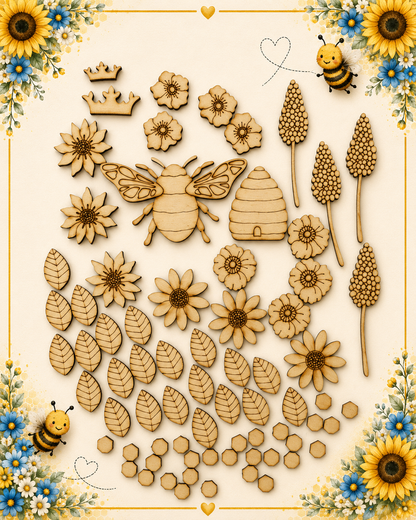 A collection of laser-cut wooden craft embellishments for bees and flowers, including a bee, beehive, sunflowers, leaves, pollen clusters, and small bee figures, arranged on a cream background with a decorative floral border.