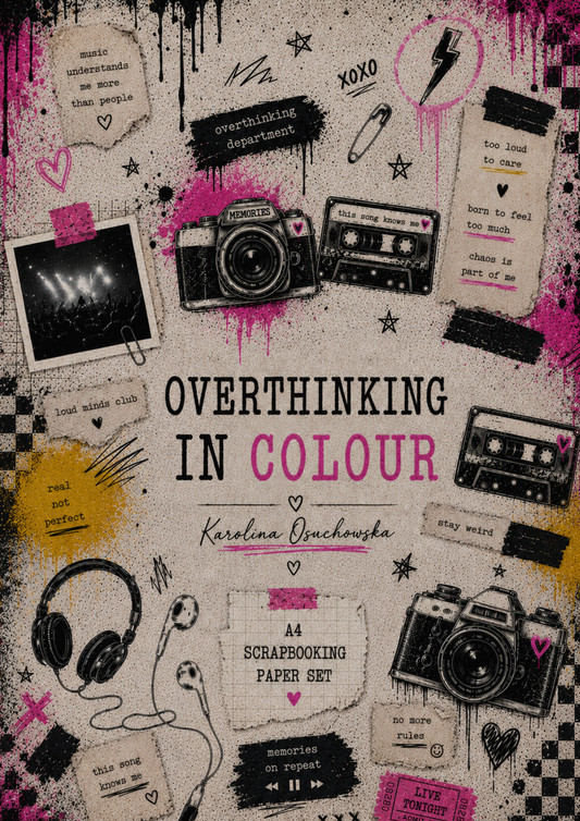 Book cover of 'Overthinking in Colour' with camera, heart, and cassette design.