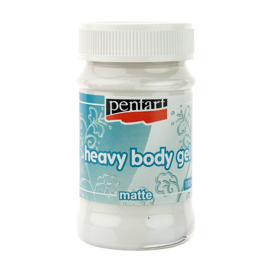 Jar of Pentart heavy body gel on a white background