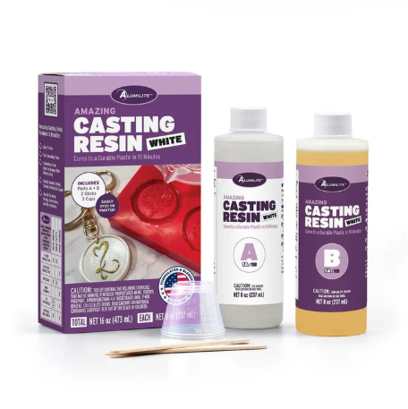 AllResinLite Amazing Casting Resin White kit with packaging, resin bottles, and mixing sticks on a white background.