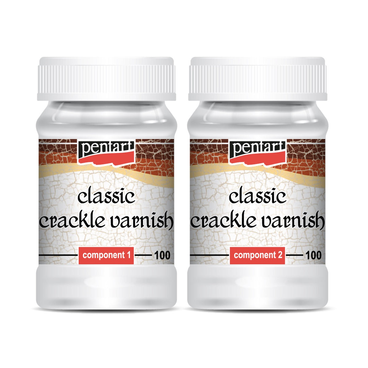 Two bottles of Pentart classic crackle varnish on a white background