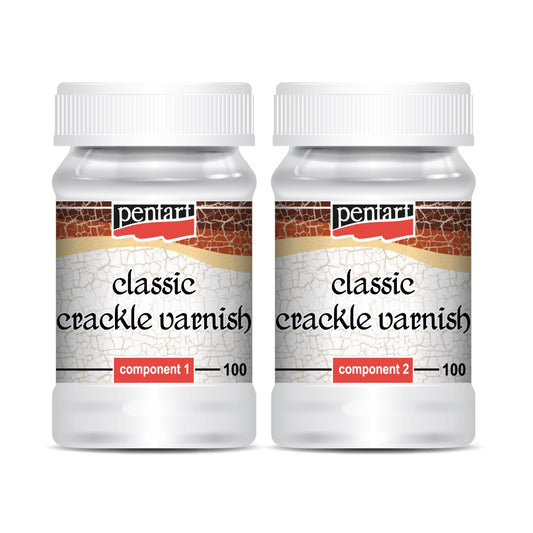 Two bottles of Pentart classic crackle varnish on a white background
