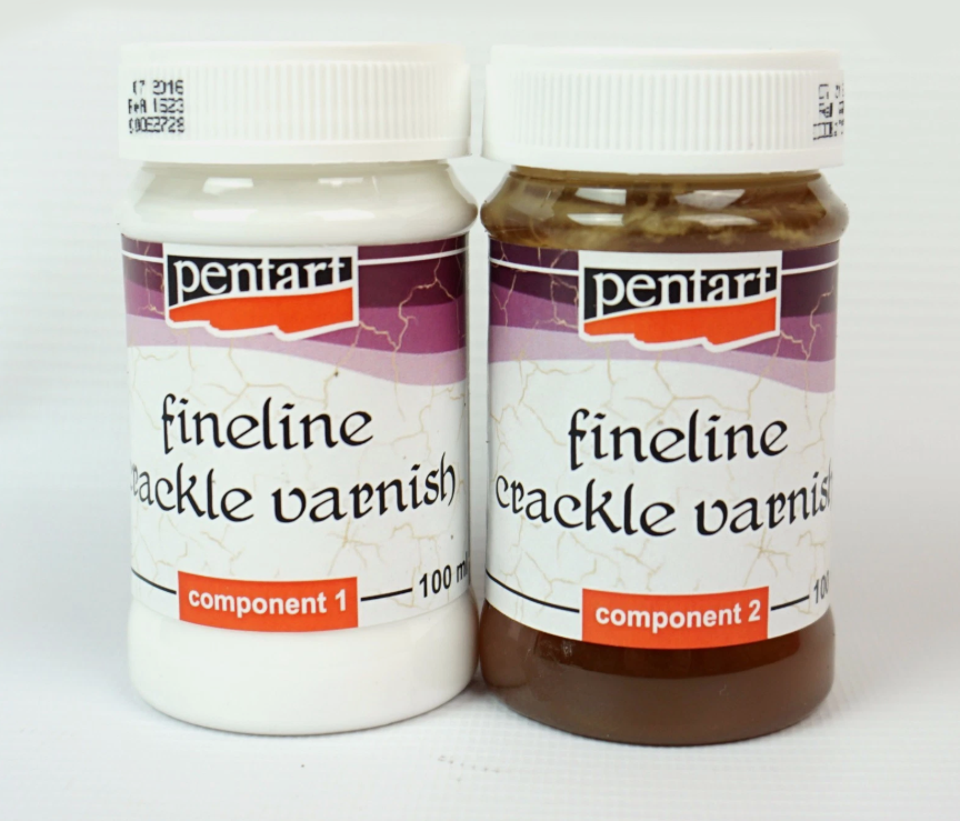Two bottles of Pentair fineline crackle varnish on a white background