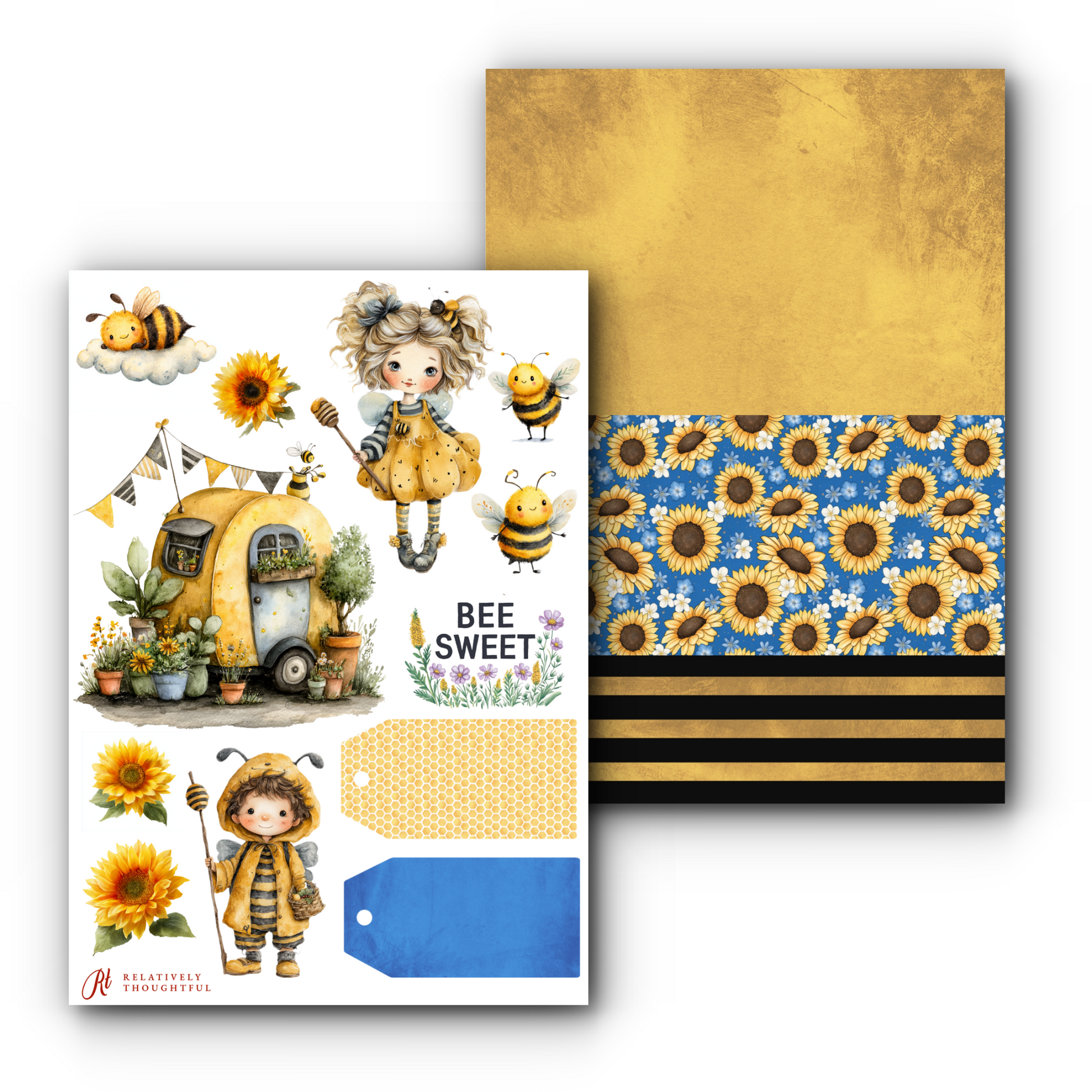 A sheet of decorative stickers and coordinating paper designs featuring a whimsical bee-themed illustration. The sticker sheet includes a cartoon girl in a bee suit, bees, sunflowers, a small yellow trailer, flowers, and the words “BEE SWEET.