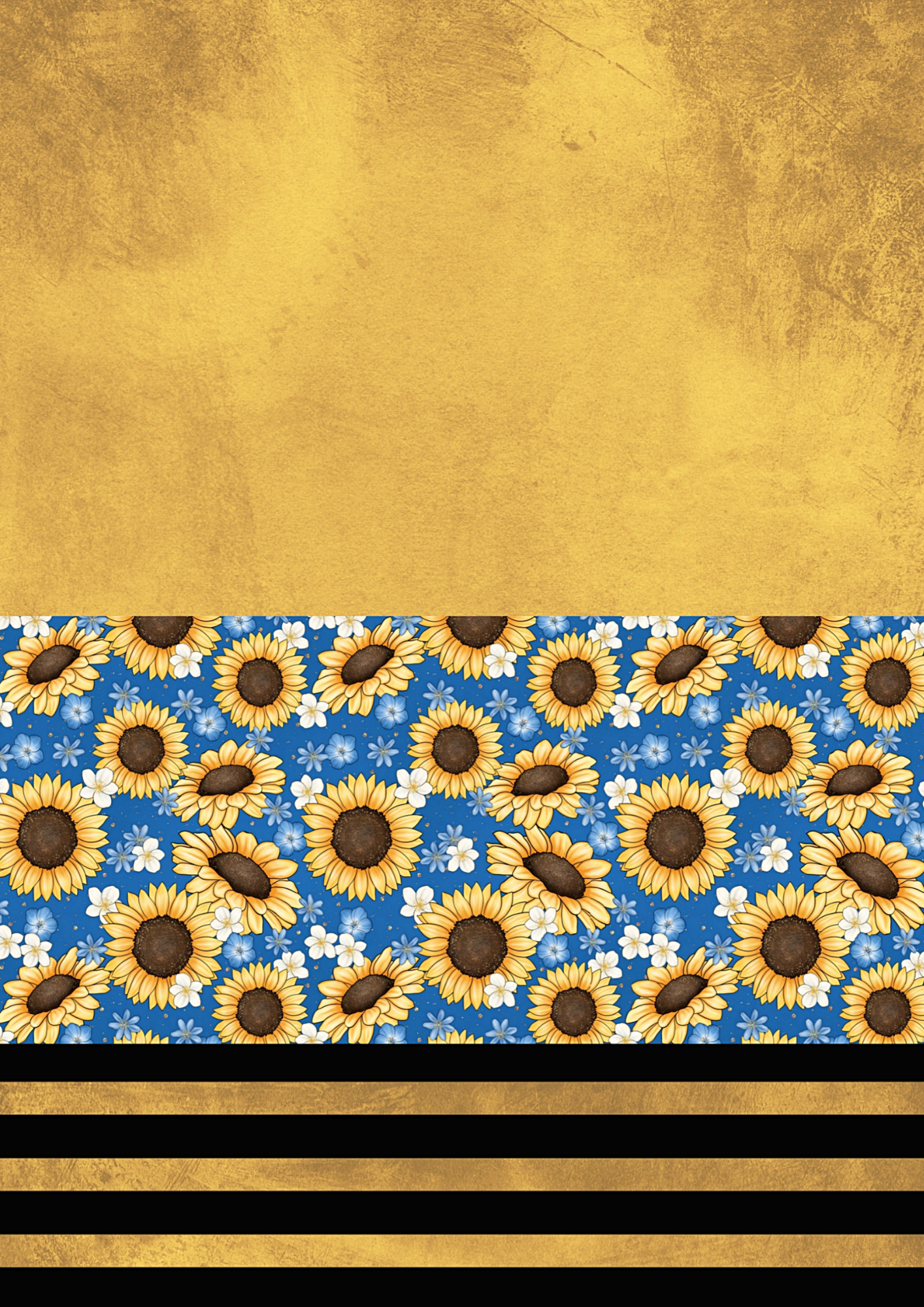 A decorative graphic design featuring a large textured gold background at the top, a horizontal band of blue fabric with a sunflower and white floral pattern across the middle, and three horizontal black and gold stripes at the bottom.