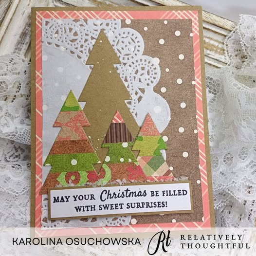 Handmade Christmas card made by Karolina Osuchowska for Relatively Thoughtful.  Paper cut-out trees and text on a textured background From the Reindeer Christmas collection.