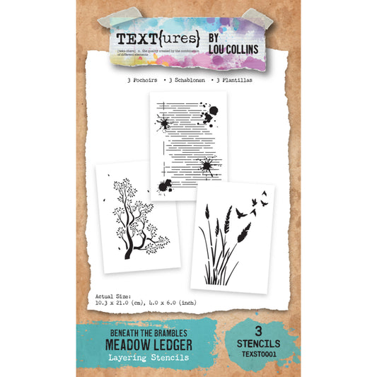 Packaging of 'Text{tures} by Lou Collins' stencils with illustrations on a textured background.