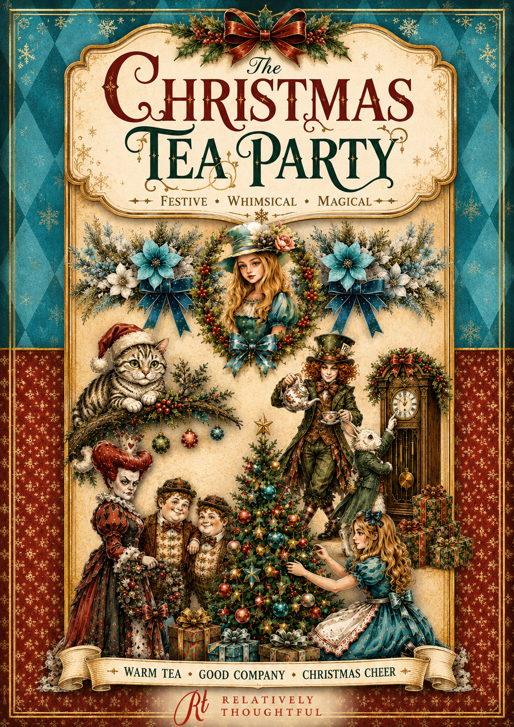 The Christmas Tea Party book cover by Relatively Thoughtful, featuring a vintage-style illustration of children, a cat, and characters around a decorated Christmas tree with blue bows and festive decorations.