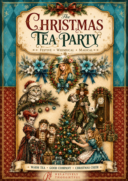 The Christmas Tea Party book cover by Relatively Thoughtful, featuring a vintage-style illustration of children, a cat, and characters around a decorated Christmas tree with blue bows and festive decorations.