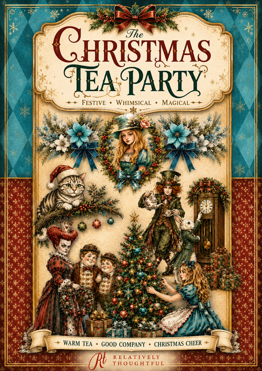 The Christmas Tea Party book cover by Relatively Thoughtful, featuring a vintage-style illustration of children, a cat, and characters around a decorated Christmas tree with blue bows and festive decorations.