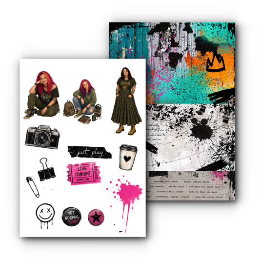 Collage of fashion illustrations and graphic elements on a white background