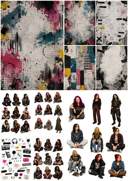 Collage of a woman in various poses with colorful abstract patterns and text elements.