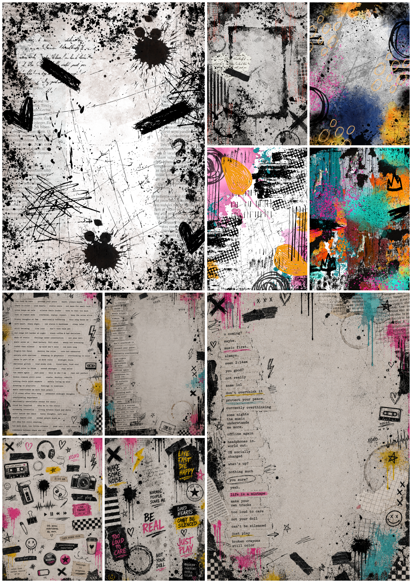Collage of various abstract and textured art pieces with different color schemes.